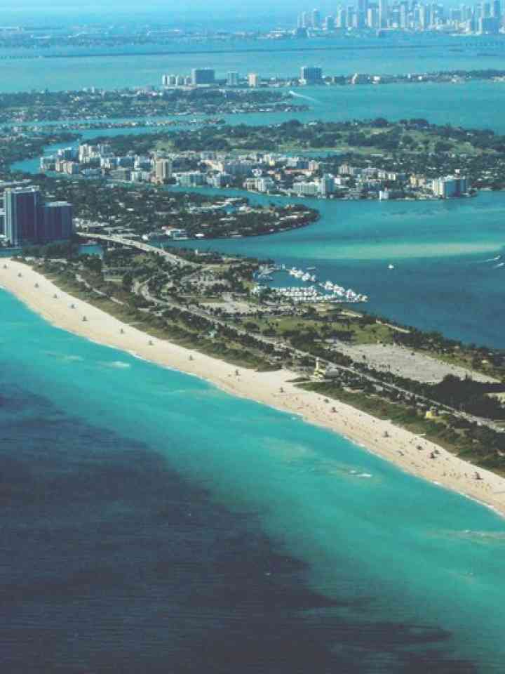 Aerial view of buildings along a city beach